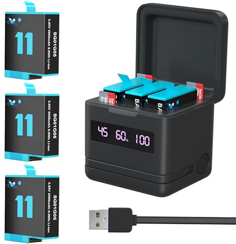 Replacement Batteries 2000mAh(3-Pack) for Hero 12/11/10/9 & Storage Fast Charger with High-Speed Micro SD Card Reader Function, Fully Compatible with Gopro 12/11/10/9 Original Battery and Charger