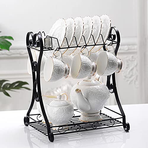 Juego de té de Porcelana, Tazas de café y platillos con Tetera, azucarero, Jarra de Leche, Soporte de Metal de cerámica