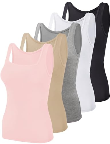 BQTQ 5 Pack Square Neck Tank Tops for Women Sleeveless Ladies Tank Top with Square Neck Womens Undershirts, S(Black, White, Gray, Beige, Pink)