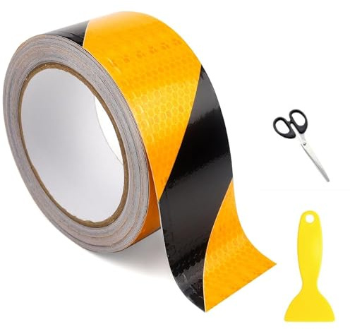 10m x 5cm Warnband Schwarz Gelbes Klebeband Reflektierend Warnklebeband Sicherheitsband Selbstklebend Reflektorband Wasserdicht Reflexionsband für Warnmarkierung PKW Anhänger Draußen