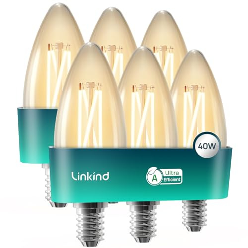 Linkind Ultraeffiziente E14 LED Lampe 2.2W (ersetzt 40W), 470Lm 2700K Warmweiß B35/C35 Kerzenlampe 320°, Hoch CRI 90+, 50,000Std. Leuchtdauer, Nicht dimmbar, 6 Stück