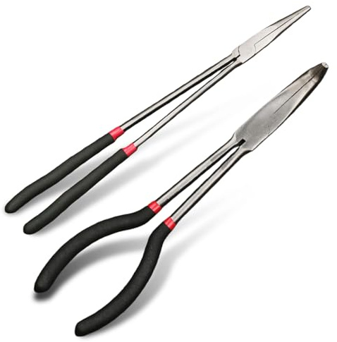 Tångset med lång räckvidd, 2 stycken 420 mm långa spetstång set, 90 graders böjt spetstång, spetstång set av stål med halkfria handtag för säkert arbete i trånga utrymmen
