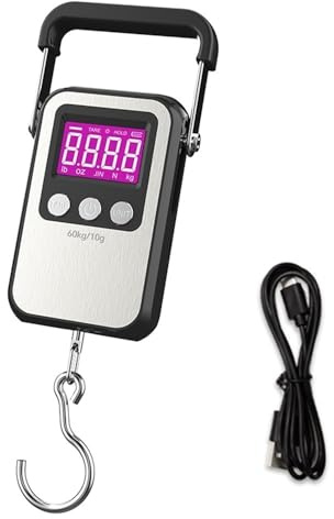 Báscula Digital LCD de 60 kg con Gancho for Colgar, báscula electrónica for Equipaje y Pescado 10 g, alimentación por batería/USB, Panel Acero Inoxidable, asa, balanza pesaje(WH-A35C USB)