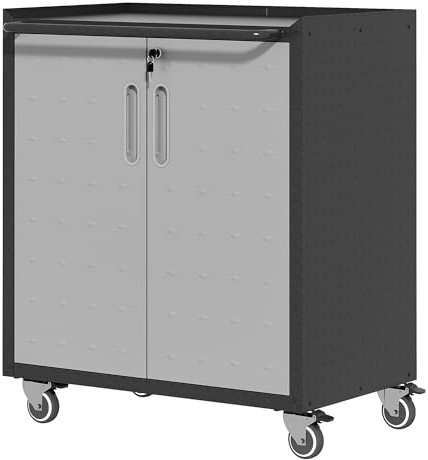 Generiskt kraftigt metallgarageskåp med hjul – 75 x 42 x 88 cm, robust verktygsskåp för garage, verkstad och hushåll, justerbara golv, låsbar