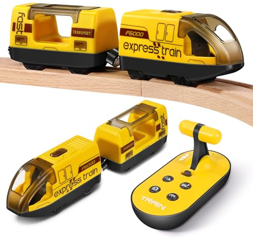 WGIDSKKI Elektrisches Zugspielzeug, Kompatibel mit Thomas, Brio, Motorisierter Zug Fernbedienung Holzeisenbahn Zug (Magnetanschluss), Eisenbahn Elektrische lok mit 4 Sound- und Lichteffekten (Gelb)