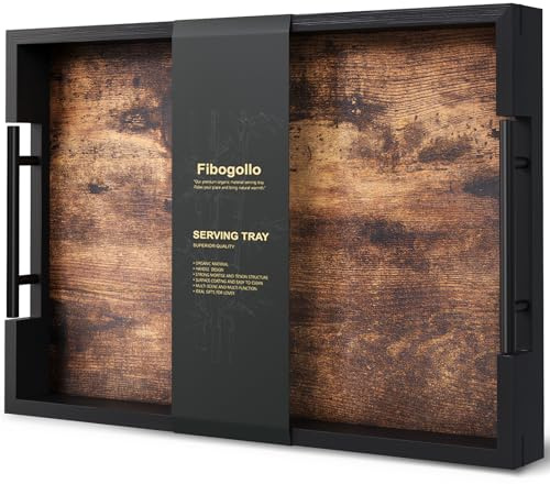 Fibogollo Serviertablett aus Holz mit Metallgriffen, 43x30cm–Dekorative Tabletts im osmanischen Stil für Couchtisch, Wohnzimmer, Bar, Party, groß