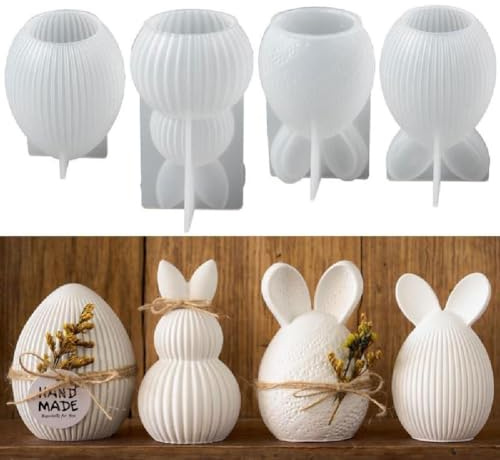 4Pcs Easter Silicone Mold, Striped Easter Bunnys Eggs Silicone Candles Mold, Silicone Moulds Casting Moulds Easters, Rabbit Easters Egg Casting Moulds Silicone for DIY Making, Candles and Soap