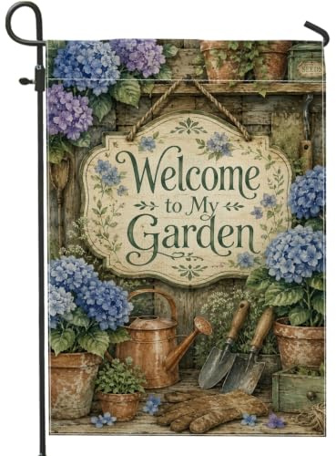 Bandiera da giardino ortensia, rustica vintage annaffiatoio attrezzi da giardinaggio primaverile blu doppia faccia piccola bandiera da giardino per patio esterno prato portico ingresso campeggio 30,5
