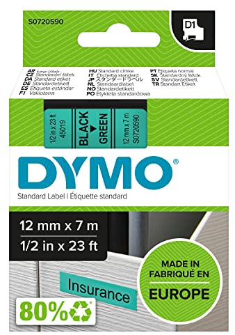 DYMO Original D1-Etikettenband | schwarz auf grün | 12 mm x 7 m | selbstklebendes Schriftband | für LabelManager-Beschriftungsgerät