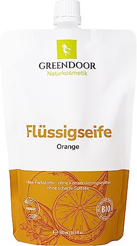 GREENDOOR Bio Flüssigseife Orange Nachfüller 500ml vegan, hautmilde Natur-Seife natürlich ohne Parabene Sulfate Tierversuche, flüssige Handseife biologisch abbaubar
