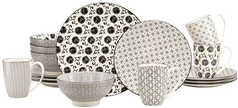CreaTable, 19738, Serie Black Style, 16-teiliges Geschirrset für 4 Personen, Kombiservice aus Steingut, spülmaschinen- und mikrowellengeeignet, Qualitätsproduktion