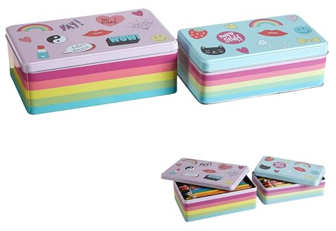 Premier Housewares Kitchen Storage Tin, Rectangular, Multi-Colour, Set of 2 - Fun Times, 13 x 20 x 7 cm
