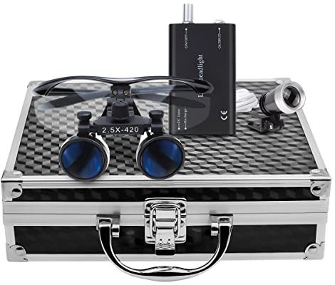 BoNew Chirurgische Fernglaslupe, optisches Glas, 2,5 x 420 mm Arbeitsabstand mit 3 W LED-Kopflicht, schwarze Aluminiumbox