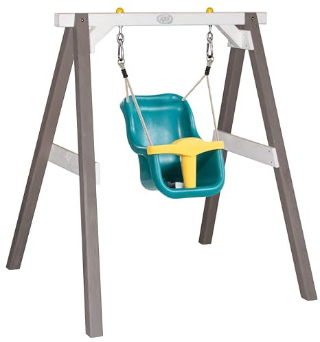 AXI Babyschaukel mit Gestell aus Holz für den Garten | Outdoor Schaukel für Babys und Kleinkinder | Für Kinder ab 9 Monate | Schaukelsitz in Türkis/Gelb..