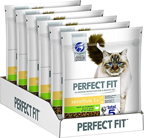 Perfect Fit Sensitive 1+ – Trockenfutter für erwachsene, sensible Katzen ab 1 Jahr – Reich an Truthahn – Ohne Weizen und Soja – Unterstützt die Verdauung – 6 x 750 g
