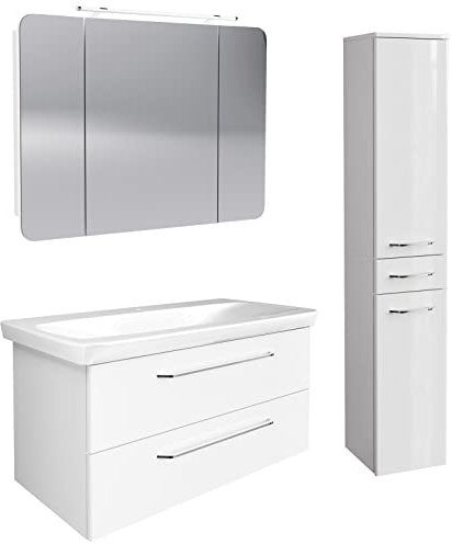 FACKELMANN weißes Hochglanz Badmöbel Set 4-TLG. Milano hängend Keramikwaschbecken 110 cm & LED Spiegelschrank