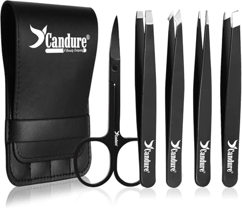 Candure Tweezers for Eyebrows - Professional Stainless Steel Slanted and Pointed Tip Hair Tweezers Set for Ingrown Hair, Blackhead Removal, Eyebrows Plucking Beauty Tool for Women (Black-5pc)