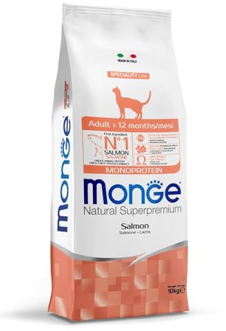 Monge Natural Superpremium Monoprotein ADULT SALMON, cibo secco per gatti adulti (alimento a base di salmone, acidi grassi omega-3, senza coloranti aggiunti, 10 kg).