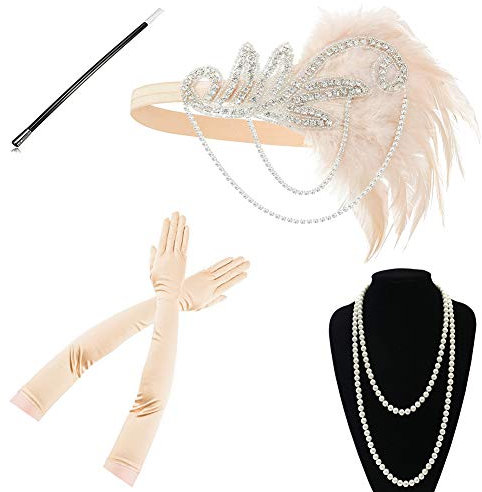 Yigoo 20er Jahre Charlestonkleider Accessoires Damen 1920s Flapper Gatsby Kostüm Zubehör, Zigarettenhalter Federboa Stirnband Perlenkette handschuhe Gold