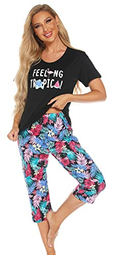 Pijama de Dos Piezas para Mujer, Pijama de Verano, camisón de Manga Corta, Ropa de casa, Ropa de Dormir, Parte Superior y Pantalones para Mujer, niño y niña Negro XL