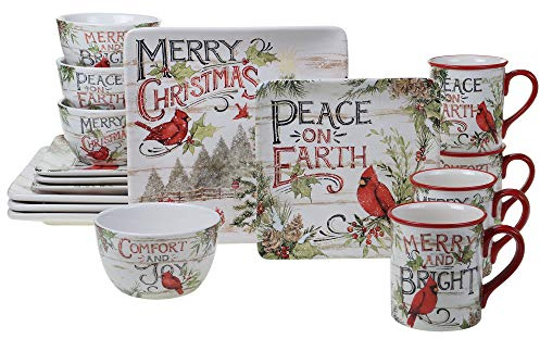 Evergreen Christmas 16-Piece Dinnerware Set – Ceramic Holiday Plates, Bowls & Mugs with Cardinal & Script Design – Service for 4 – Festive Dining for Christmas Gatherings