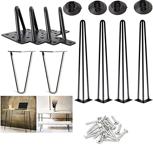 25cm 4er Set Hairpin Legs Haarnadelbeine Möbelbein Tischbeine für Schrank, Kleiderschrank, TV-Schränke, Schubladen, DIY Möbel 2 Stangen Mit Boden Schutz Und Schrauben Schwarzes Metall
