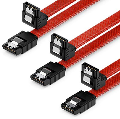 deleyCON 3x 50cm SATA 3 Nylon Kabel Set Datenkabel 6 Gbit/s Anschlusskabel Verbindungskabel Mainboard HDD SSD Festplatte 1 S-ATA Stecker 90° Gewinkelt Rot