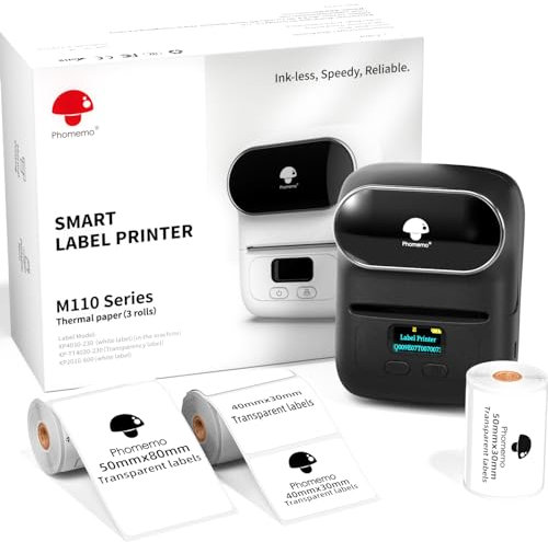 Phomemo M110 Etikettendrucker,Bluetooth Etikettendrucker Selbstklebend mit 3 Etikettenrollen Thermo Barcode Label Printer für Einzelhandel, kleine Unternehmen, Schule, mit Handys & PC -Schwarz