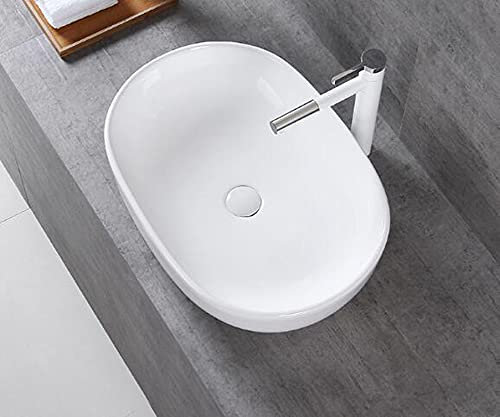 Lavabo ovale, petit, grand lavabo en céramique, vasque à poser salle de bain, Bonde + Siphon (lavabo 49 x 35 x 13 cm)