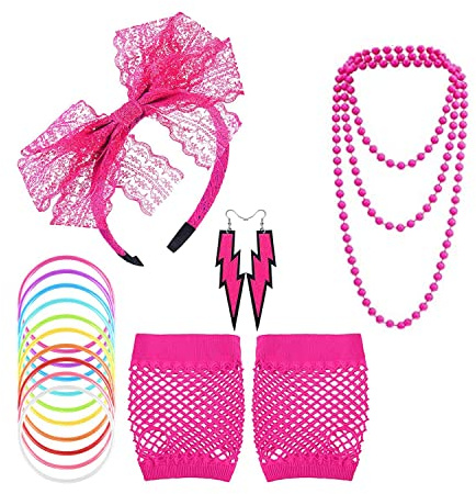 JZK 80s conjunto de accesorios para fiesta de disfraces, pendientes con diadema de encaje, guantes de rejilla, collar, pulsera para mujer y niña (rosa roja)