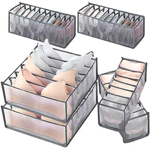 6 Stück Unterwäsche Schubladen Organizer Set, Schubladen Schrank Organizer Faltbar für Socken, Unterwäsche, Unterhosen, Aufbewahrungsboxen, Kleidung, Strümpfe, Krawatten und BHs(6+7+11Raster), Grau