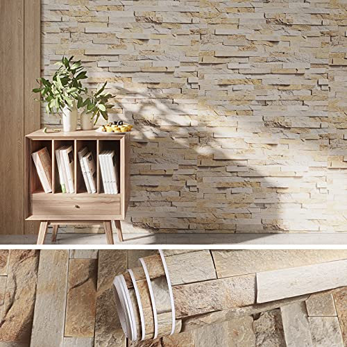 VEELIKE Klebefolie Steinoptik Beige Tapeten Steinmuster Möbelfolie Ziegel Selbstklebende Folie Küchenrückwand Tapeten Wohnzimmer Küchentapete Muster Abwaschbar Wandtapete Vintage Deko 40cm×300cm