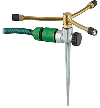 Relaxdays Sprinkler, 3-armig, mit Erdspieß, 12m Reichweite, regulierbare Durchflussmenge, 3/4'' Anschluss, Silber/Gold