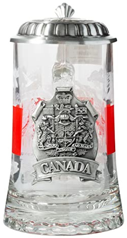 Canadian Coat of Arms Banner Metal Icon Glass Beer Stein with Metal Lid and Thumb Lift