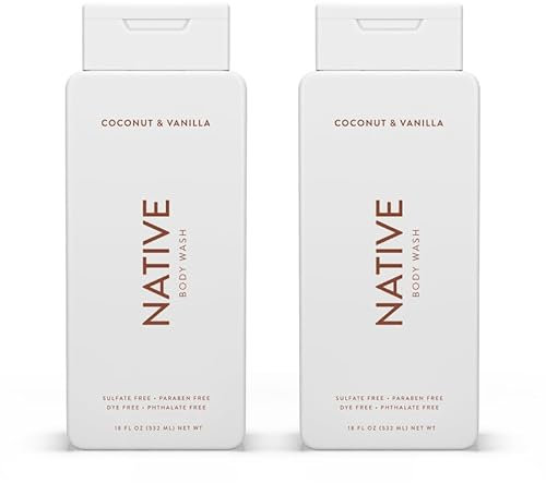 Native Gel de Ducha para Mujeres y Hombres – Sin Sulfatos ni Colorantes – Aroma a Coco y Vainilla – Gel de Baño Suave con Ingredientes de Origen Vegetal (2 x 532ml)