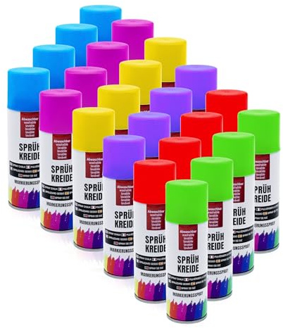 Spetebo Lot de 24 sprays de craie en spray soluble dans l'eau - 100 ml - 6 couleurs différentes - Spray de marquage liquide lavable - Marqueur de rue rouge, jaune, vert, rose, violet, bleu