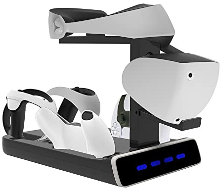 Soporte de Carga PSVR2 para Playstation VR2 y PS5 Controller - Estación de Carga con Soporte de Pantalla VR Headset, 4 Estaciones de Carga e Indicadores LED