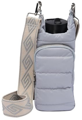 WanderFull Crossbody HydroBag - Water Bottle Holder - Quilted Bottle Bag - Water Bottle Carrier with Strap - Stylish Puffer Tote for Water Bottle (Gray with Patterned Strap)