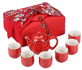 I-MART Chinese Tea Set, Red Ceramic Chinese Wedding Tea Set, Asian Traditional Tea Set with 1 Tea Pot. 6 Tea Cups and 1 Gift Box