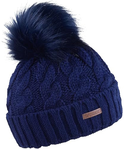 SABBOT Klassisch Damen Mütze mit Pelzbommel, Fleece-Futter, Wintermütze, Strickmuster, Warme Kappe mit Kragen (Dunkelblau)