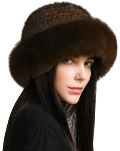 XUYUZUAU Gorros de Invierno para Mujer Niñas Piel de Visón Auténtica Gorro de Punto Borde Suave Moda Marrón
