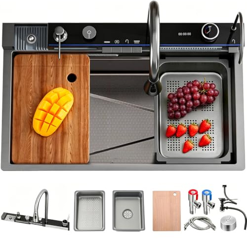 68 x 45 cm Lavello Da Cucina A Cascata In Acciaio Inox Lavabo Multifunzione Da Bancone Bar Con Rubinetto Integrato, Cestello Di Scarico, Lavabo Di Scarico, Lavabicchieri, Componente Di Drenaggio