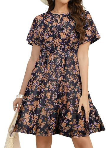 Hotouch Vestido de verano para mujer, vestido de ocio, monocolor, cuello redondo, vestido de playa, volantes, ligero, acampanado, manga corta, vestido midi, Negro Floral, L