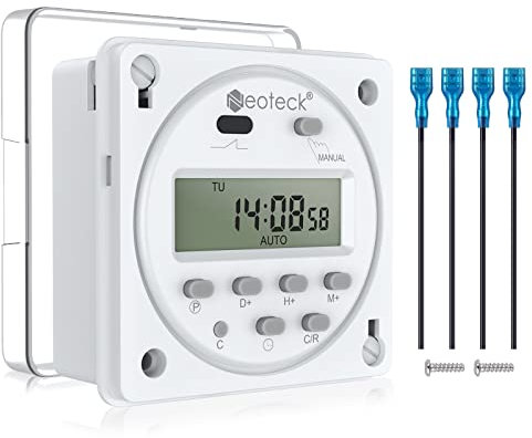 Neoteck 12 V 16 A - Toma programadora digital con 16 programas, reloj programable, temporizador de toma eléctrica con pantalla LCD digital, antirrobo, con caja impermeable/conjunto de bloques de