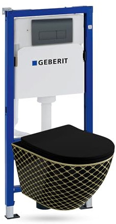 Lavita Duofix Basic Vorwandelement + Wand Tiefspül WC Sofi Slim Black Night Spülrandlos + WC Sitz + Bedienplatte Delta 25 Schwarzer Knopf Komplettset Unterputz Spülkasten Toilette Komplett Sett WC