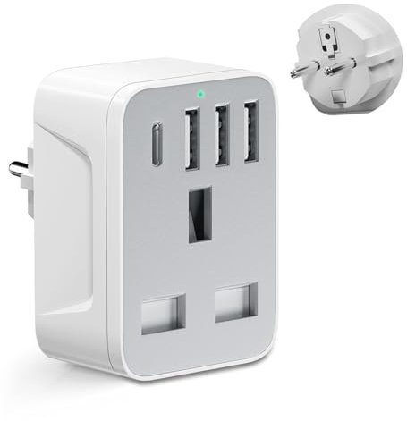 European to uk plug adapter,travel adapter UK to European Plug with 1*USB C & 3*USB A Ports,European Travel Adapter for Germany Spain France Turkey Greece Iceland(Type E/F) (1 pack)