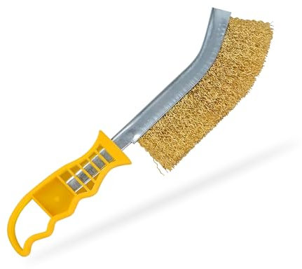G4GADGET Brosse métallique en laiton avec poignée jaune – Brosse métallique à long manche ondulé à usage général pour enlever la rouille et la préparation de surface