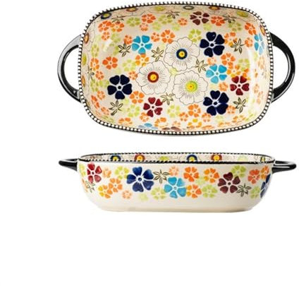 GLigeT Pirofile da Forno Piatti da Forno for Uso Domestico ad Alta Temperatura di Grande capacità Stoviglie Vintage sottosmalto Piatto da Portata Profondo con Manico Pirofila Lasagne(27.5cm)