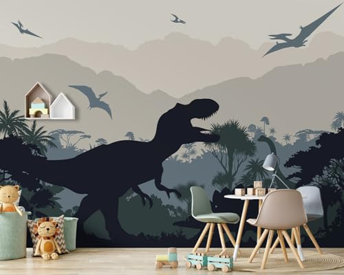 HLNIUC Dinosaur Cartoon Mural Wallpaper, Jungle Forest Wall Mural, Prehistoric Animal Mural, Ancient World Wallpaper for Nursery, Children Bedroom, Living Room-141x96(Not Peel and Stick)