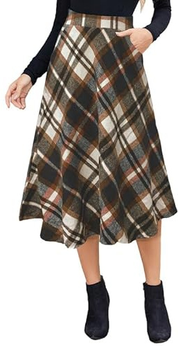 Alaster Queen Gonna lunga da donna, a quadri, con tasche invernali, vita alta elastica, Marrone, XL